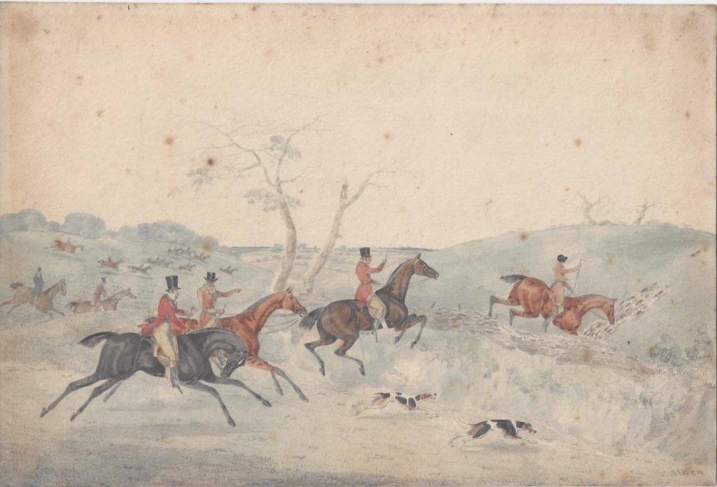 HENRY THOMAS ALKEN (British, 1785-1851): an equestrian hunt scene, watercolor, signed ‘Alken’ lower right, 7.5x11in., toning, foxing