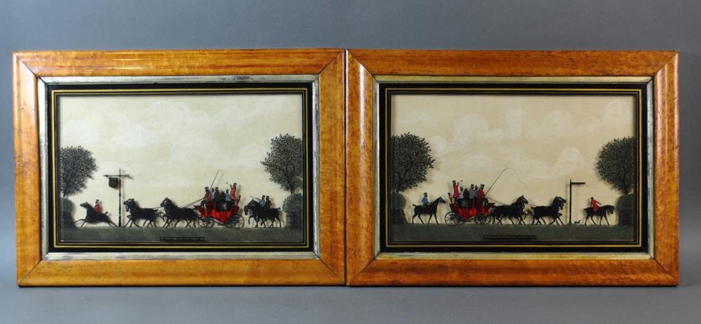 BRITISH SCHOOL - (2) SILHOUETTE COACHING SCENES: reverse painted on glass in black and colors, titled ‘On the Way to the Derby, 1827’ and ‘Returning from the Derby, 1827’, unsigned, birdseye maple frames, 12x19in.