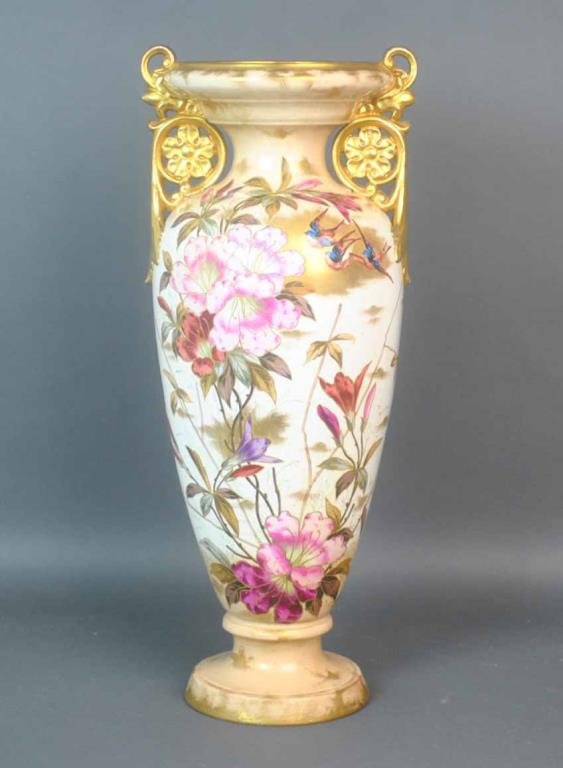 ROYAL BONN VASE OF LARGE SIZE: hand painted in floral and bird design, gilt trim, 25in., minor wear, small area of one gilt handle with a few paint drops