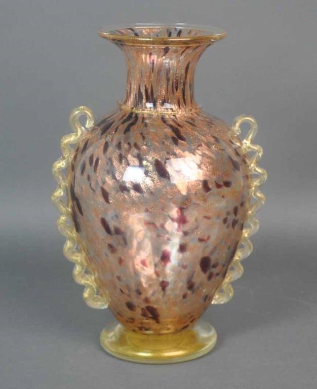 MARIO GAMBARO VETRERIA MURANO ARTE GLASS VASE: applied wave handles and heavy gold flecking, engraved signature on base, sticker of Vetreria Murano Arte VMA Italy, 13in.
