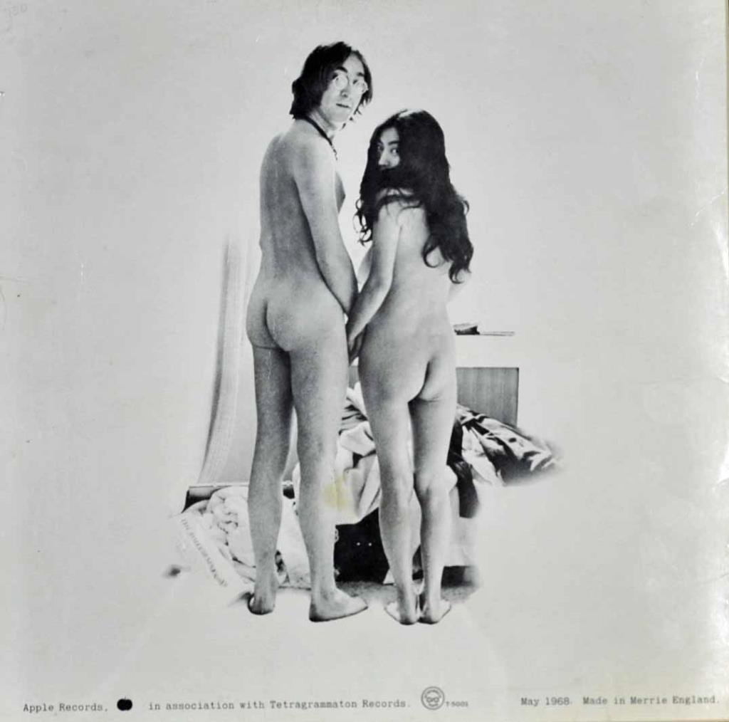 SIGNED JOHN & YOKO 'TWO VIRGINS' ALBUM COVER: Apple Records, 1968, a front (ink signed by both) and rear view, in two-sided frame, front letterpress reads: "When two great Saints meet it is a humbling experience. The long battles to prove he was