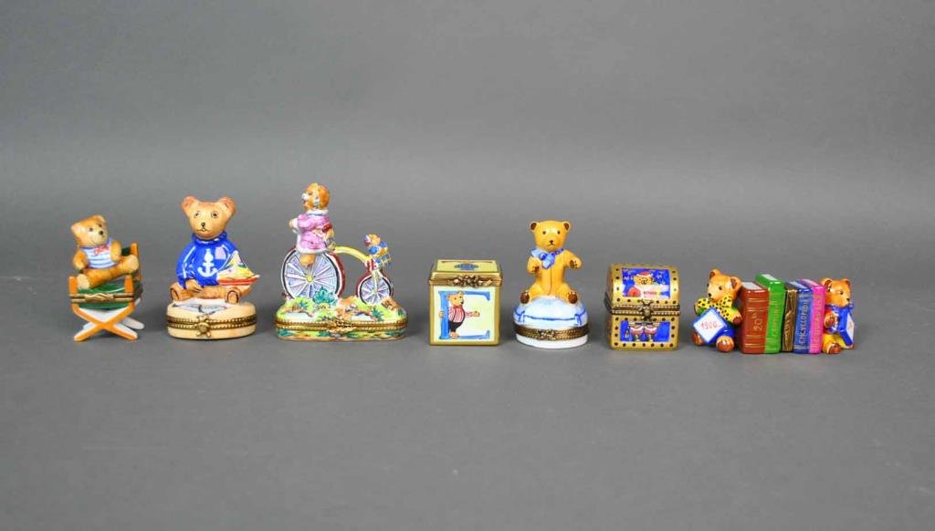 (7) LIMOGES TEDDY BEAR THEMED PORCELAIN BOXES: hand-painted, 3 marked 'Rochard', tallest 3.5in.