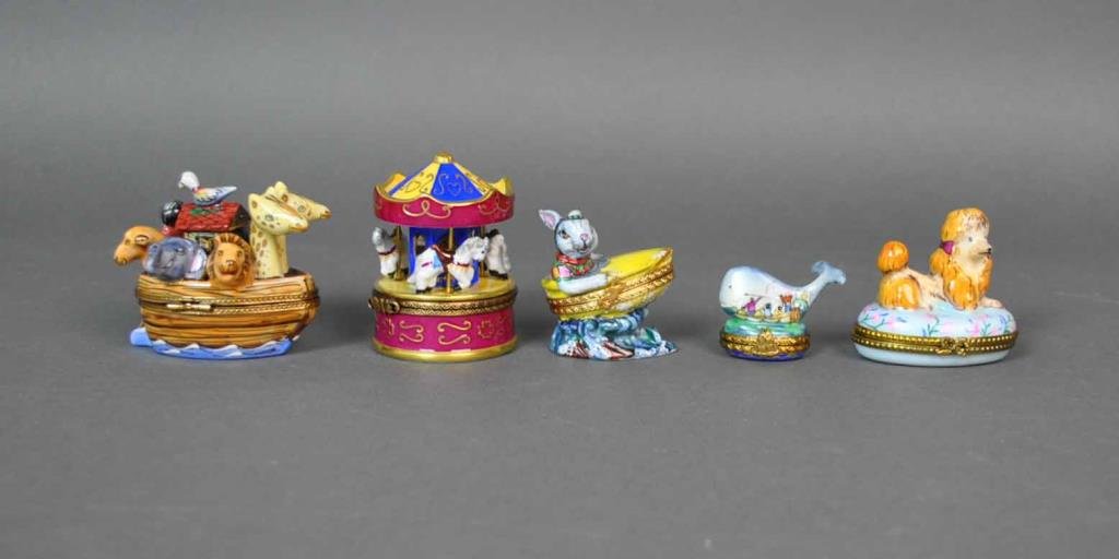 (5) LIMOGES ANIMAL THEMED PORCELAIN BOXES: hand-painted, 2 marked 'Rochard', tallest 2.5in.