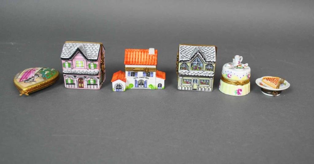 (6) LIMOGES PORCELAIN TRINKET BOXES: hand-painted, including 4 marked 'Rochard', one marked 'Artoria', one numbered 24/250, largest 3in.