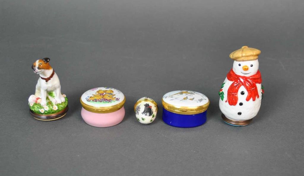 (5) ENGLISH ENAMELED TRINKET BOXES: including 3 by Halcyon Days and 2 by Crummles, tallest 3in.