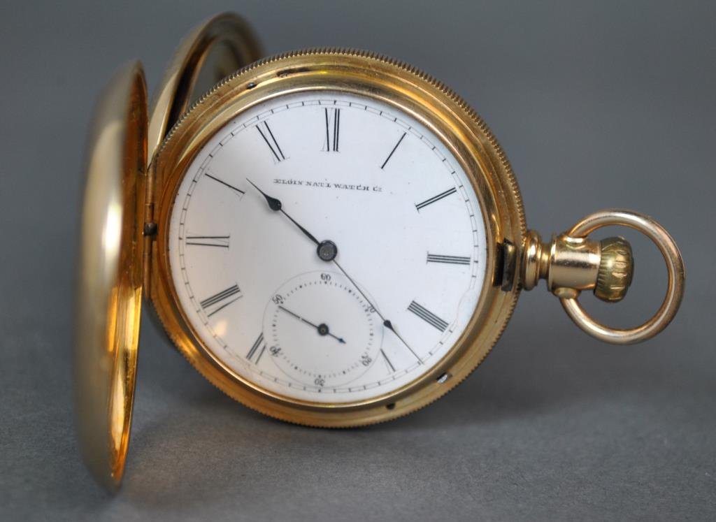 GENTS ELGIN HUNTER CASE POCKET WATCH: watch #981380, 11 jewels, size 16S, Dueber gold plated case #375516, inscribed and dated 1883, the watch is currently running, however not guaranteed