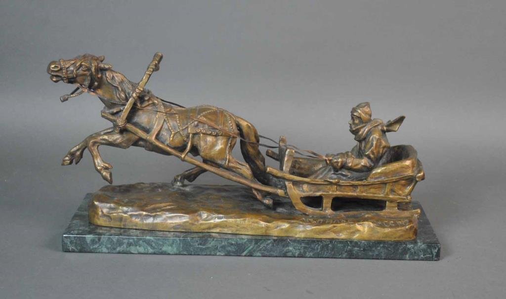A BRONZE GROUP OF A GENT IN HORSE DRAWN SLEIGH (1 of 2)