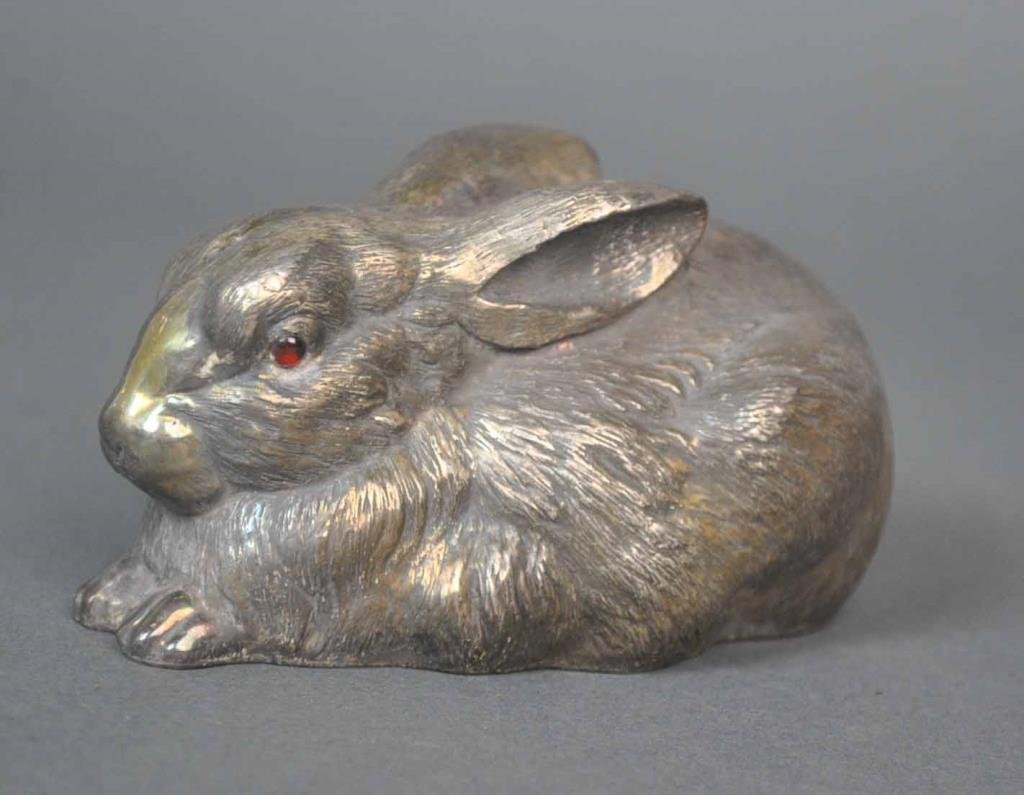 RUSSIAN 88 SILVER SEATED JEWELED RABBIT: with red cabochon eyes, second Kokoshnik 88 Moscow mark, no maker mark, 4in., 8.7ozt.