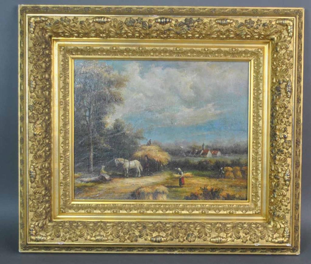 CONTINENTAL SCHOOL (AS-IS), HAYCART LANDSCAPE: 19thC., oil on canvas cut and laid down on cardboard, signed illegibly at lower right, ornate giltwood frame (minor losses), 13x16in., overall 22x26in., painting with wear and accretions