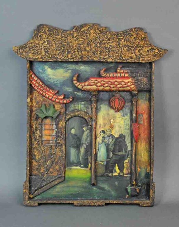 WYLOG FONG DIORAMA WALL HANGING ‘CURIOSITY’: mixed media depicting Chinatown characters, figures in offset lithography, by West Coast Engraving, Wylog Fong 1922, 24x20in., likely missing element above the heads of the 3 figures, chipping, craque