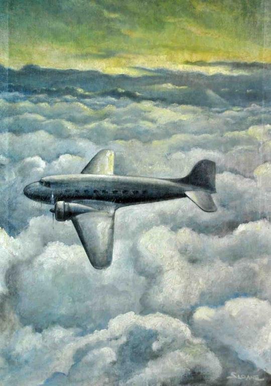 ERIC SLOANE (American, 1905-1985): DC-3 above the clouds, oil on canvas, signed ‘Sloane’ (bottom right), 36x24in. Condition: small patch repair to bottom left quadrant, UV light reveals inpainting corresponding to patch repair, as