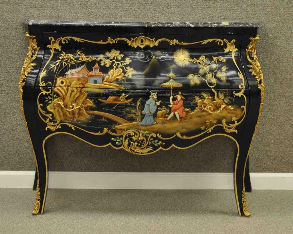 LOUIS XV STYLE CHINOISERIE LACQUER BOMBE COMMODE: 20thC., 2-drawer, enameled scenic decoration to the center, birds and berries to the sides, ormolu mounted, removable marble top, unmarked, 32x44x18in.