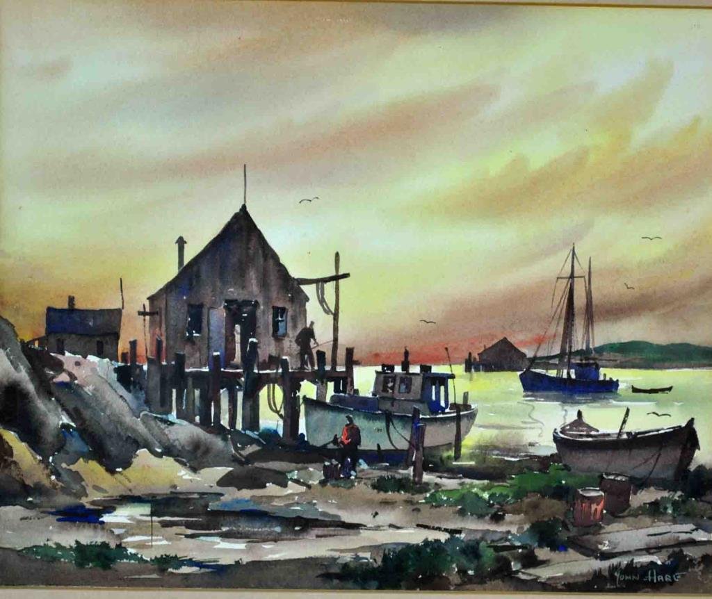 JOHN CUTHBERT HARE (American, 1908-1978): a harbor scene at dusk, watercolor, signed 'John Hare' (lower right), 10x12in. Provenance: purchased directly from the artist c.1950's.