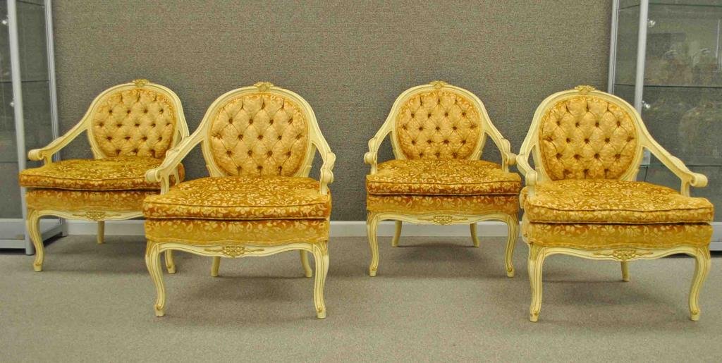 SET (4) LOUIS XV STYLE BEECHWOOD BERGERES: 20thC., cream and gold painted, tufted velour upholstery, 32x26x27in.