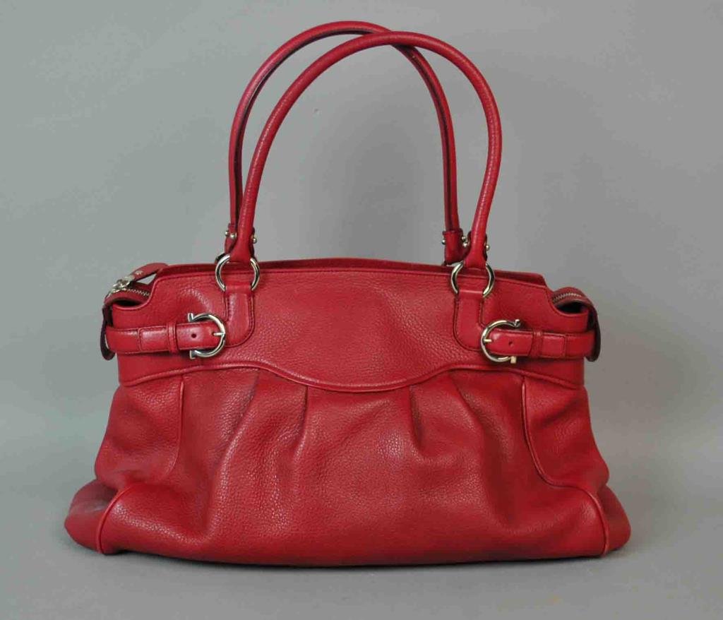 SALVATORE FERRAGAMO RED LEATHER SHOULDER BAG: interior metal tag reads "Salvatore Ferragamo / Made in Italy", with dust bag, 12.5x19in.