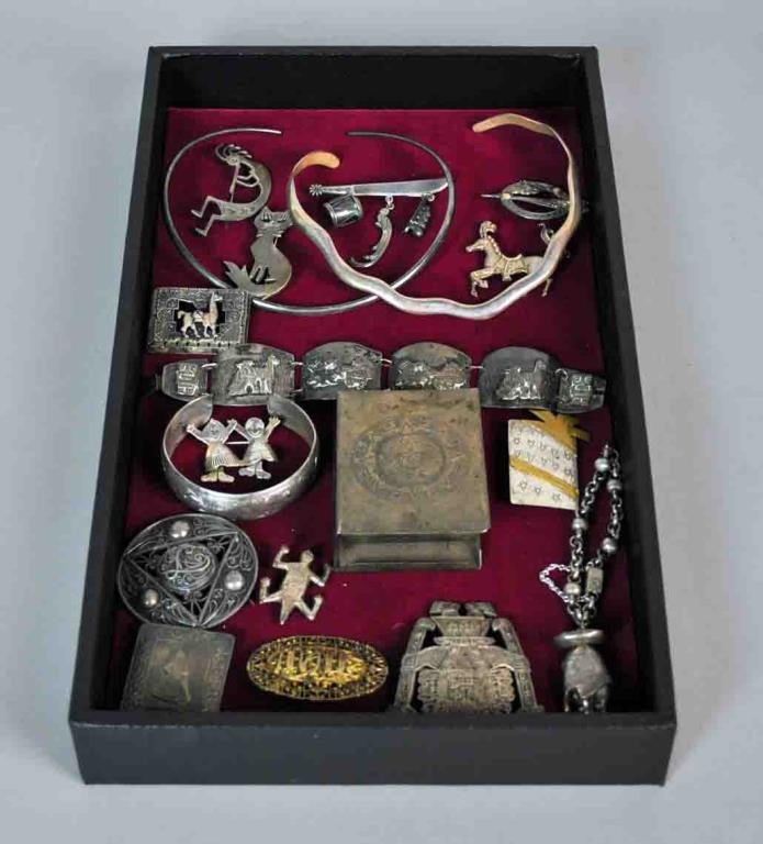 (15+) SILVER JEWELRY GROUP: including chokers, bracelets, pins, and a matchbox cover, all marked or tested silver, gross weight 10.8ozt.
