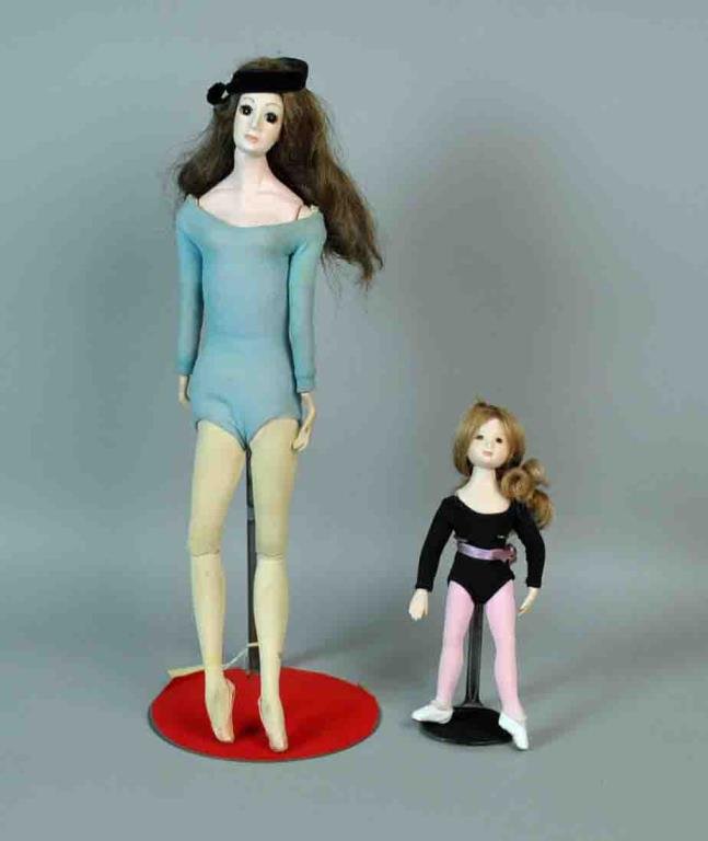 (2) SUZANNE GIBSON BALLERINA ARTIST DOLLS: including a large ballerina in blue leotard, and "Suzyette Ballerina", marked faintly on backs, NIADA, tallest 19in., Estate of Yolanda Simonelli