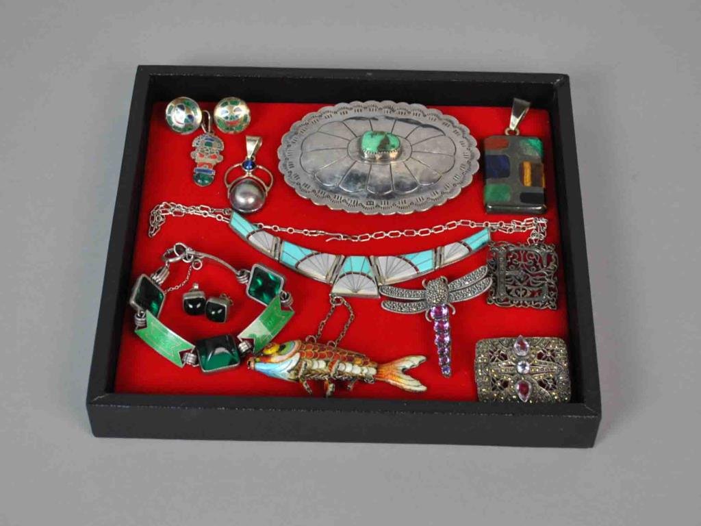 (12) SILVER JEWELRIES: including an Art Deco enamel and cabochon bracelet with complimenting pierced earrings, an 18" enameled necklace stamped Jeme, a 4" belt buckle with turquoise stone, a 1.75" Mexican pendant with inlai