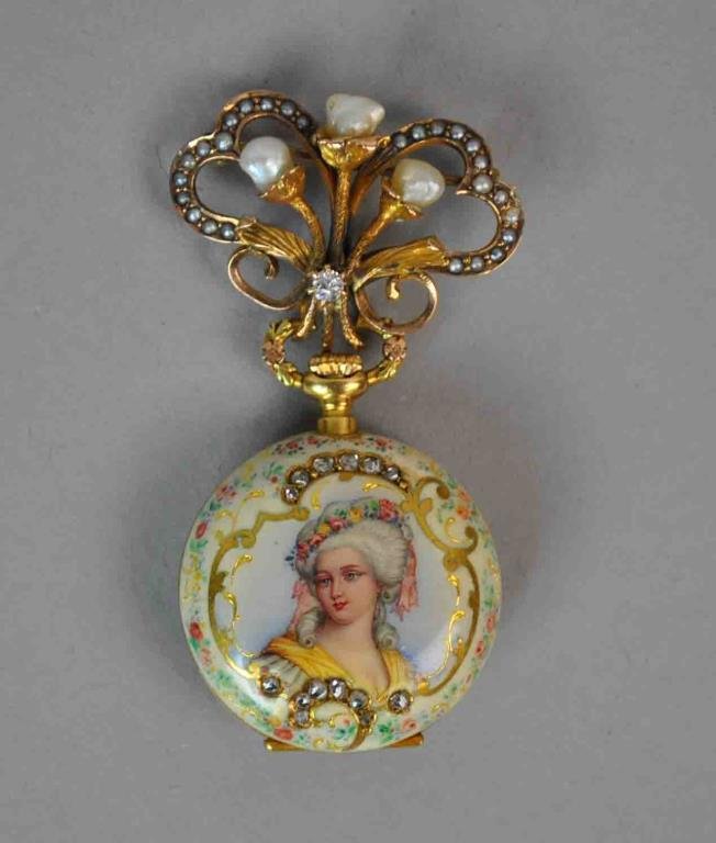 DIAMOND & ENAMELED POCKET WATCH WITH PIN (1 of 3)