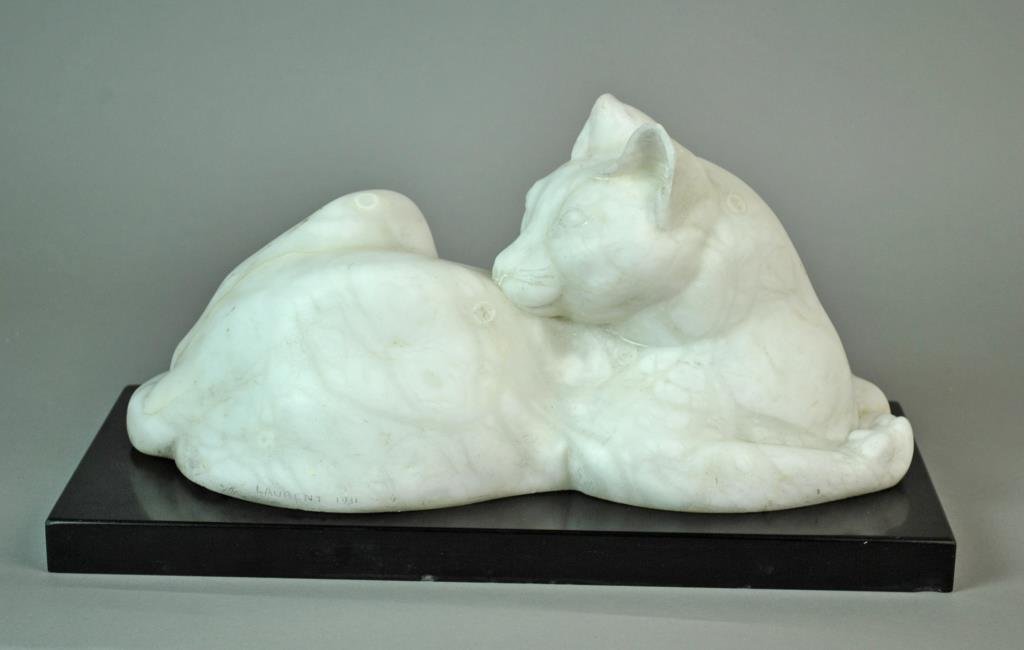 (ATTR) ROBERT LAURENT (American, 1890-1970): recumbent cat, alabaster, incised signature â€˜Laurent 1931â€™, with black marble base, cat 8x16x8in., very minor base chips, ears with roughness and chipping