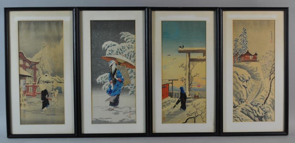 (10) JAPANESE WOODBLOCK PRINTS: after various artists including 'Saisho Temple' by Kawase Hasui (not examined out of frame), and “The Great Bridge at Matsue” by Oda Kazuma (with markings and seals in margins, 10x15.25in. includi
