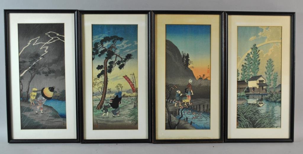 (10) JAPANESE WOODBLOCK PRINTS: after various artists, mostly figural scenics including figures in rain and lightning by Shotei Hiroaki (not examined out of frame), “Kintaikyo Bridge” by Kawase Hasui (with markings and seal to m
