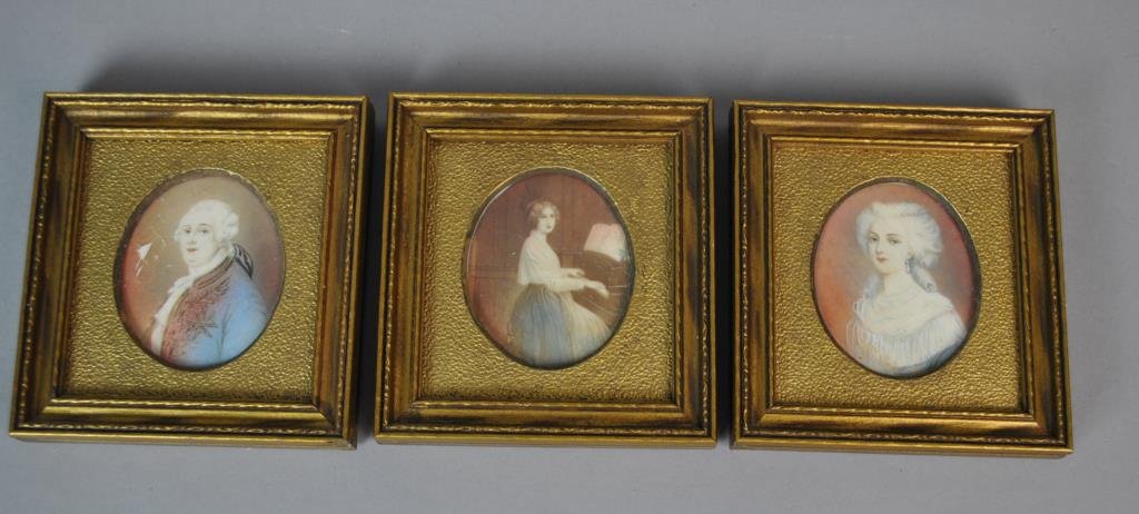 (3) HAND PAINTED PORTRAIT MINIATURES: including a gent (paint flakes), a lady, and a lady at piano, 2.25x2in.