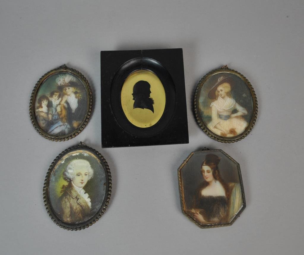 (5) FRAMED PORTRAIT MINIATURES: 4 hand painted including a lady, a gent (edge paint flakes), a mother with children (loose in frame), and a lady with books (tortoise shell backing), together with a silhouette (wear), largest 3.25x2.