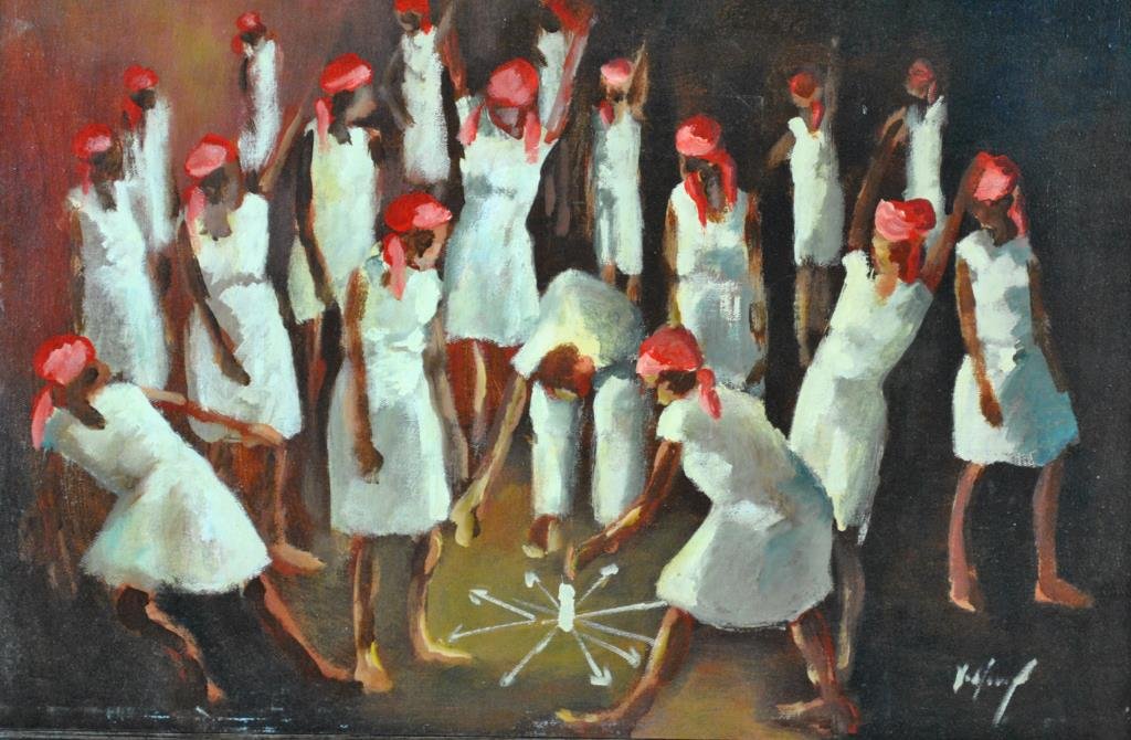 HAITIAN PAINTING - VOODOO CEREMONY: oil on canvas, signed illegibly, 15.5x23.5in.