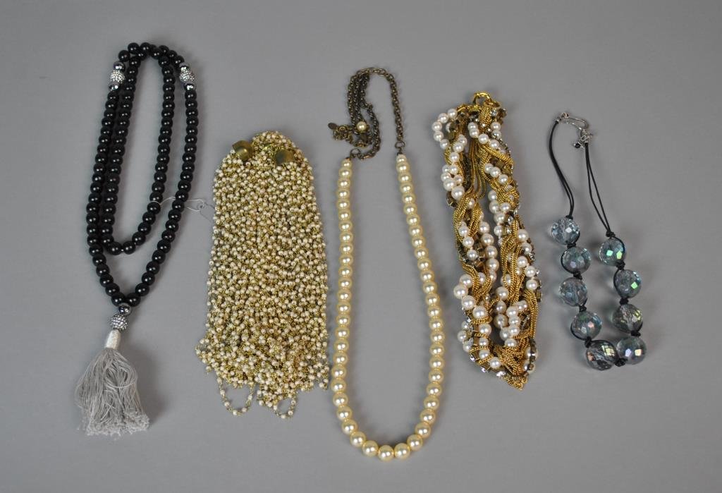 (5) BOUTIQUE COSTUME NECKLACES: (1) signed Sorelli, (1) J. Crew, 20-36in.