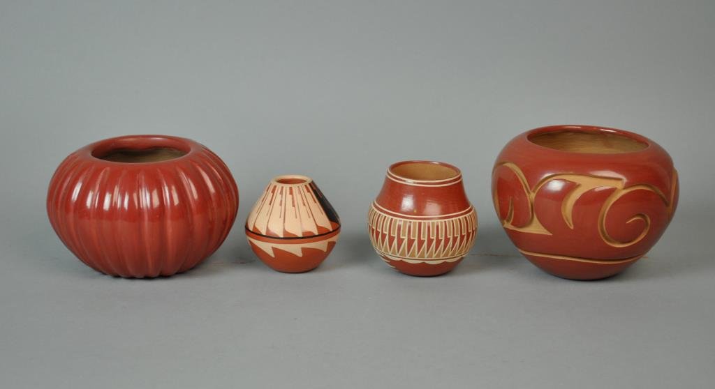 (4) SOUTHWESTERN POTTERY VASES: signatures include Ethel Vigil Santa Clara Pueblo, Angela Baca, Earlene Youngbird Santa Clara Pueblo, and C.G. Loretto Jemez, tallest 4in.