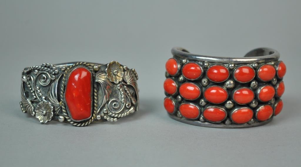 (2) SOUTHWESTERN SILVER & CORAL CUFF BRACELETS (1 of 2)