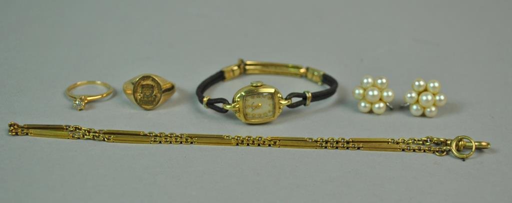 (5) PIECE GOLD JEWELRY GROUP: including a 12" watch fob, a 'Seton Hill College' signet ring by Justens (engraved name on interior), size 7, a (15pt) diamond solitaire ring, size 4.75, a Lady Elgin gold case watch, and a pair of pe