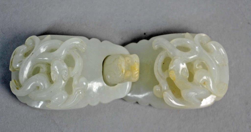 CHINESE CARVED WHITE JADE 2-PIECE BUCKLE (1 of 2)
