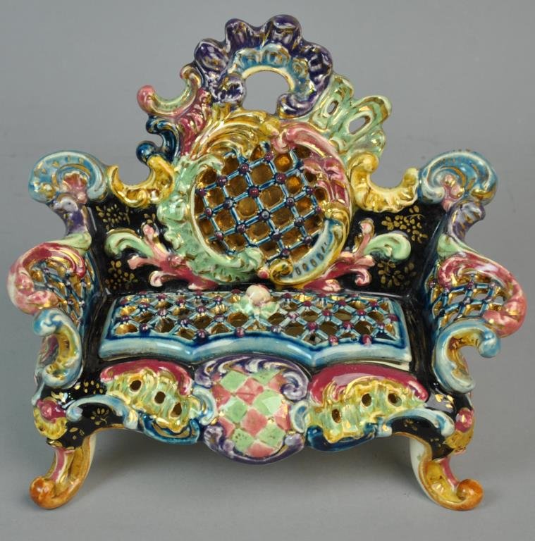 FICSHER J. BUDAPEST - CERAMIC POTPOURRI BOX: FICSHER J. BUDAPEST - CERAMIC POTPOURRI BOX in the form of a loveseat, 7x8.5in.