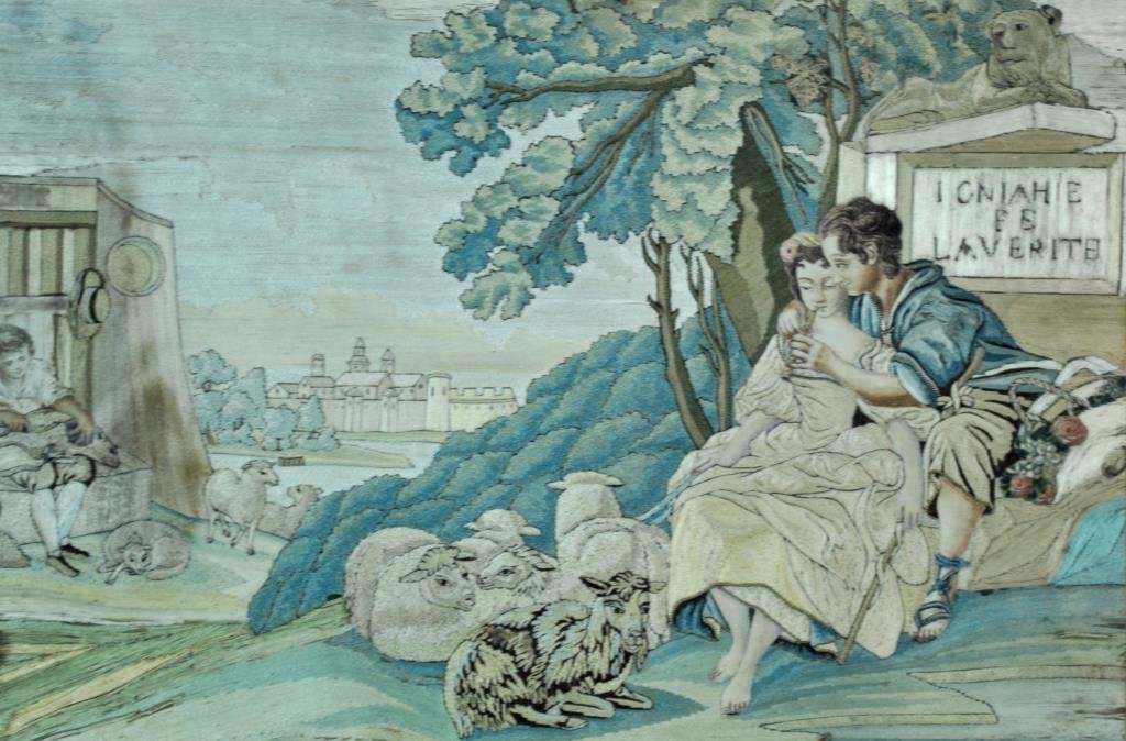 BOUCHER STYLE NEEDLEWORK PICTURE: BOUCHER STYLE NEEDLEWORK PICTURE verso label annotated 'Boucher, Rural Picnic', 12x18in.