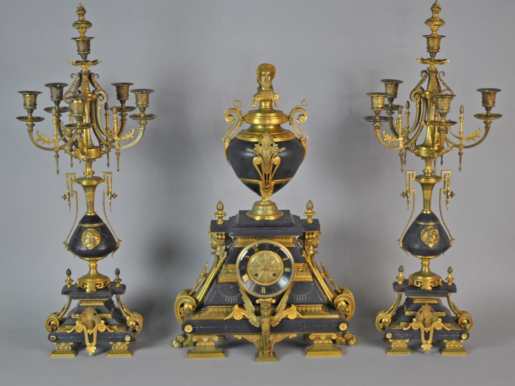PARCEL GILT BRONZE & SLATE CLOCK URN GARNITURE (1 of 10)