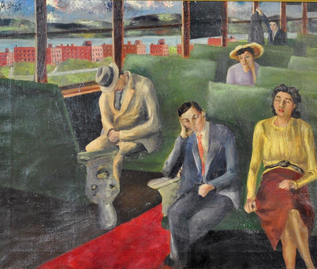 1932 SUBWAY PAINTING SIGNED A. BECK: oil on canvas, signed '[A]? Beck 32' (upper left), 20x24in., overall framed 27x31in.