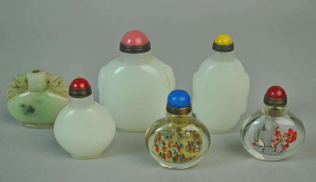 (6) CONTEMPORARY CHINESE SNUFF BOTTLES: including one jade (no cap), 2 inset painted, and 3 in white glass (affixed cap to small white bottle), largest 3.25in.