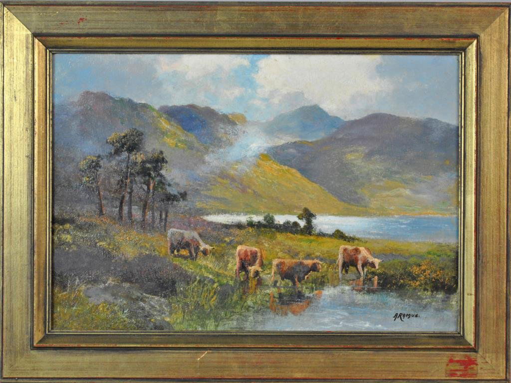 FRANCIS E. JAMIESON (British, 1895-1950): landscape with cows, oil on board, signed 'A. Ramus' (pseudonym), 10.5x15.5in., overall framed 14.5x19.5in.