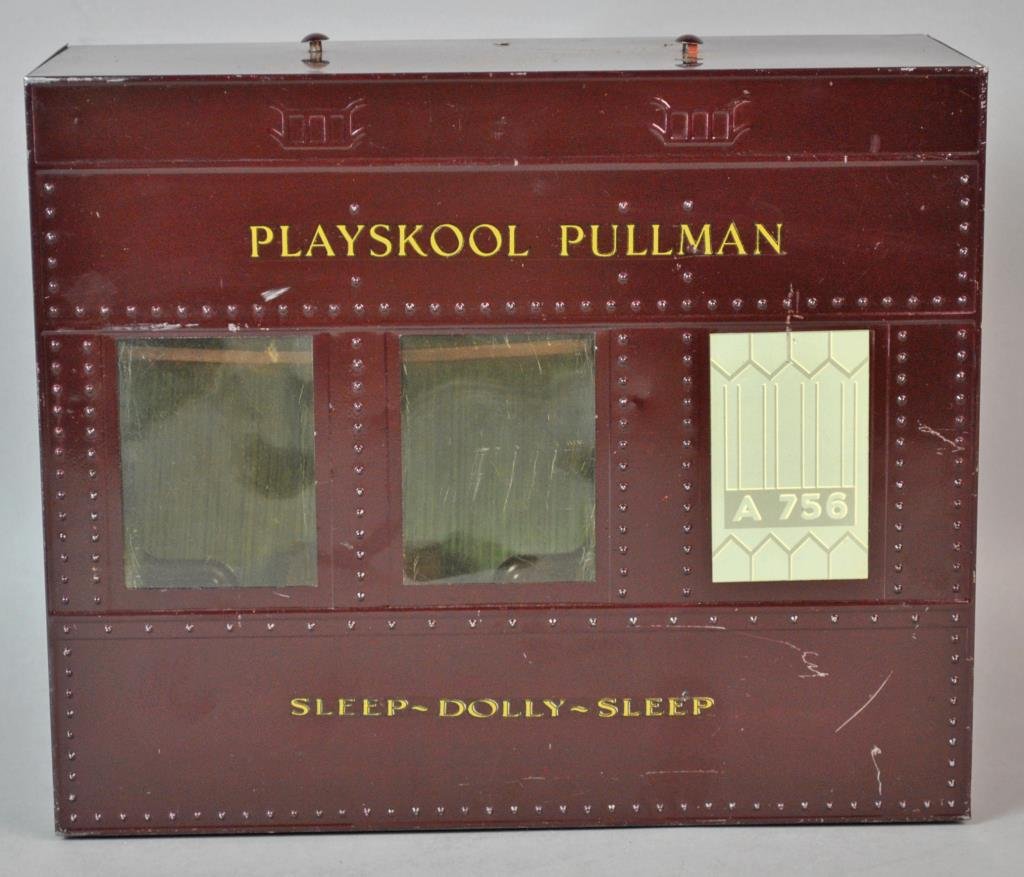 PLAYSKOOL PULLMAN: #A756, maroon painted coach with gold lettering, fitted interior with cushioned seats, table, cushioned bedding, curtain & closet, remnant of original leather handle, 9.5x11.5x5in.