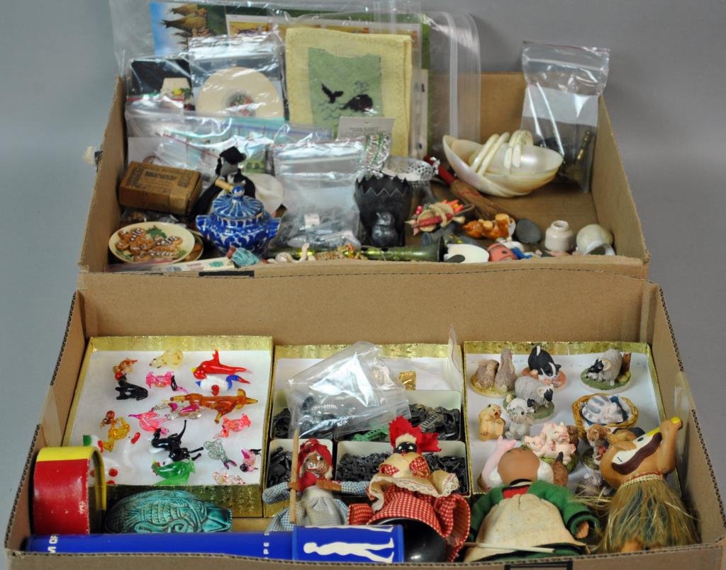 LARGE GROUP OF SMALL & MINIATURE COLLECTIBLES: including a pottery scarab with hieroglyphics, 20+ blown glass animals, vintage monopoly game pieces, 12 Peter Fagan figures, plastic, composition, wood & metal dolls & figures, 4 Walt Disney NOMA glo
