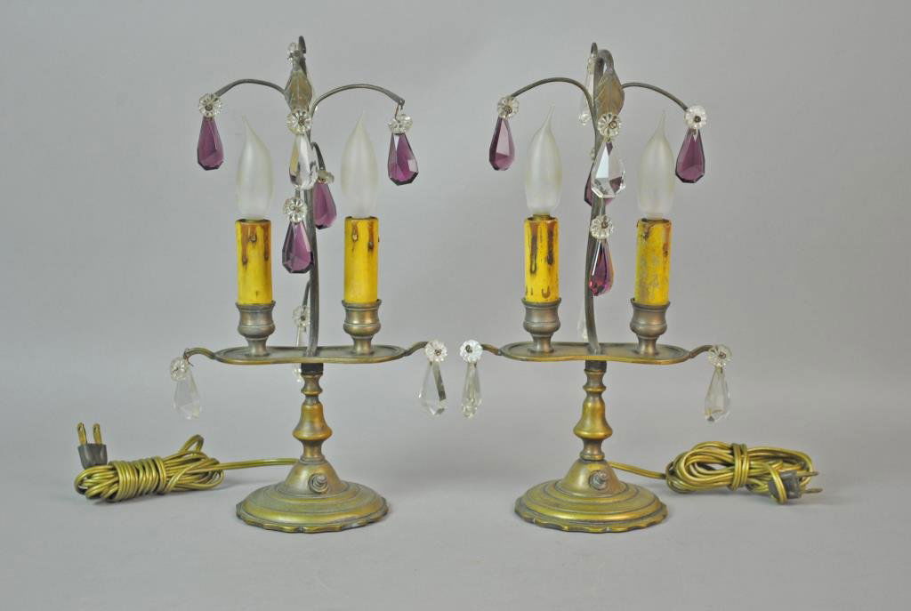 PAIR BRASS & CRYSTAL BOUDOIR LAMPS (1 of 2)