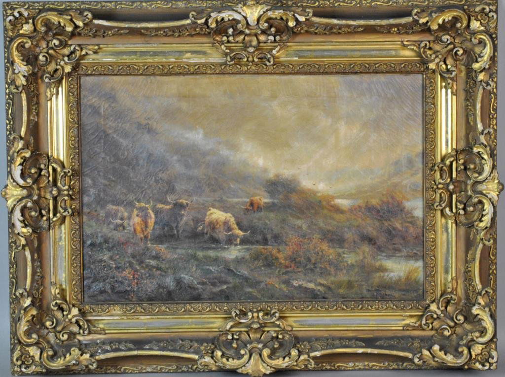 VINTAGE CATTLE PAINTING SIGNED J. HUGHES (1 of 7)