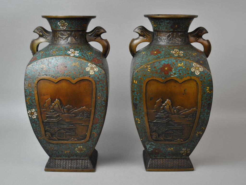 PAIR JAPANESE MEIJI PERIOD BRONZE CHAMPLEVE VASES (1 of 4)