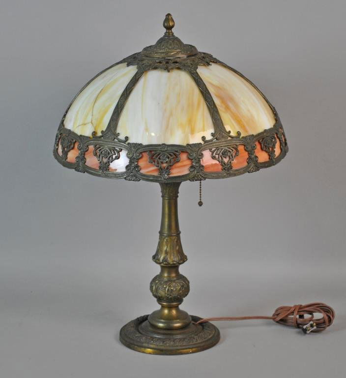 SALEM BROTHERS 6-PANEL SLAG GLASS LAMP (1 of 3)