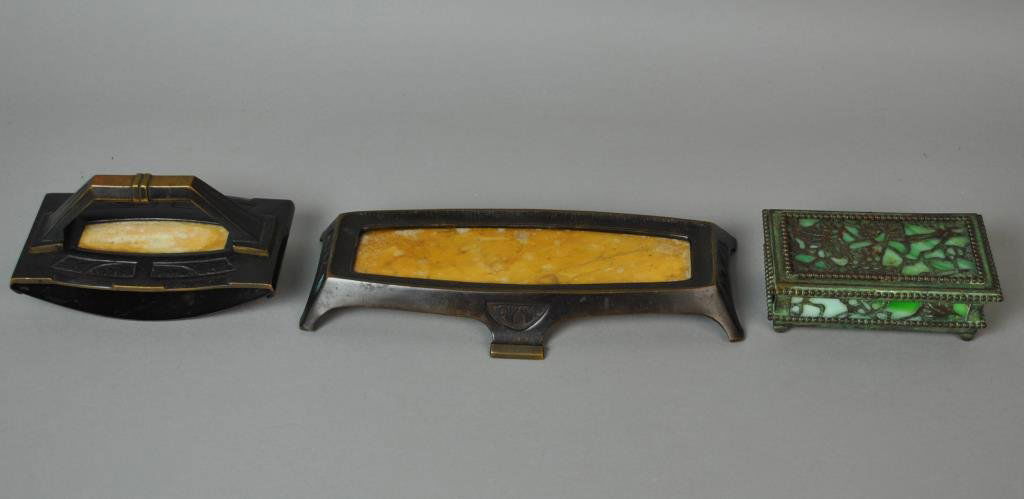 (3) VINTAGE BRONZE DESK ARTICLES: including a slag glass stamp box stamped Riviere Studios, and an unsigned pen tray and rocker blotter, both with alabaster inserts, longest 9.5in.