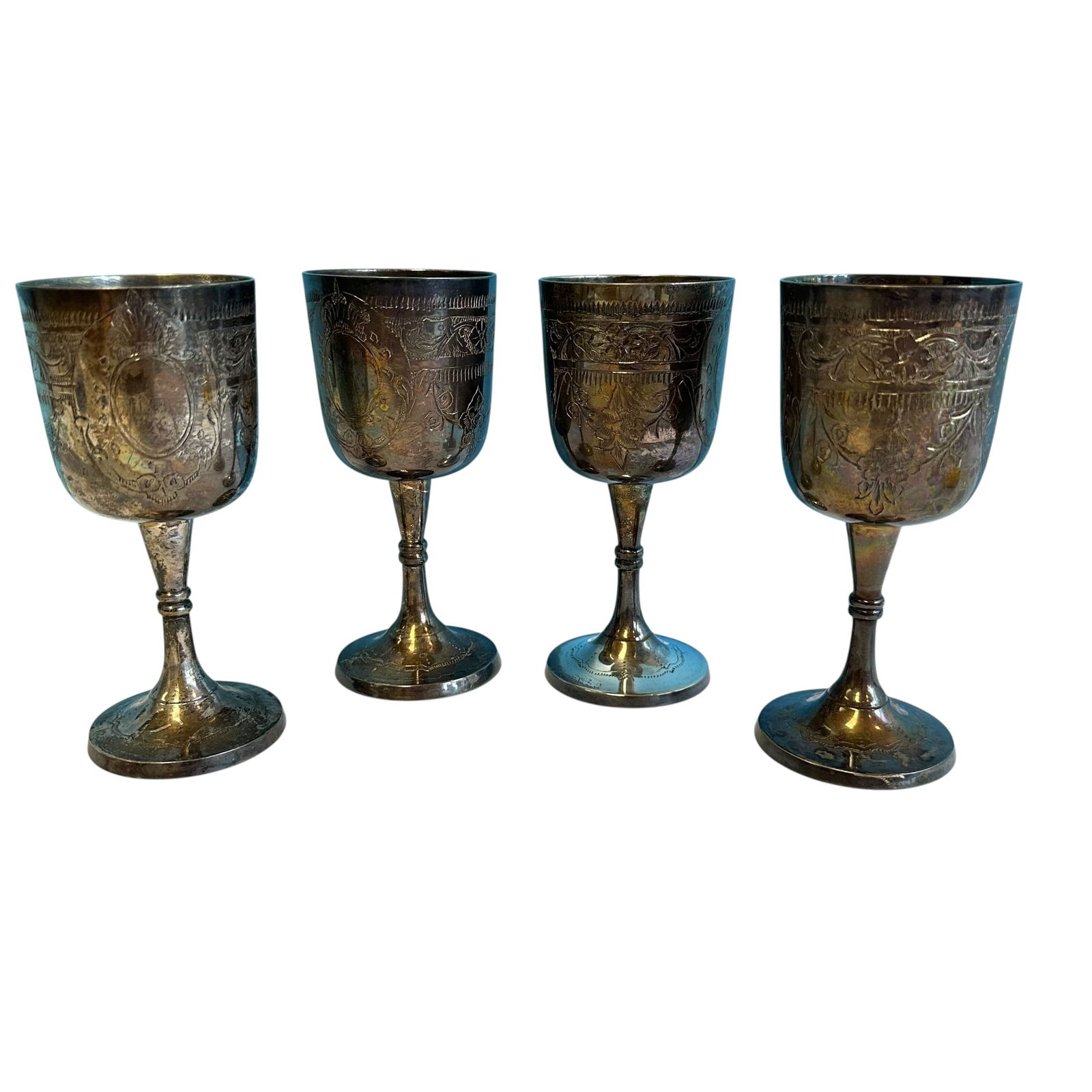 EPNS EL India Silver-plate Goblets 6 Inch: EPNS EL India Goblets. These measures 6” tall. They need to be polished. Marked EPNS EL India. No dents.