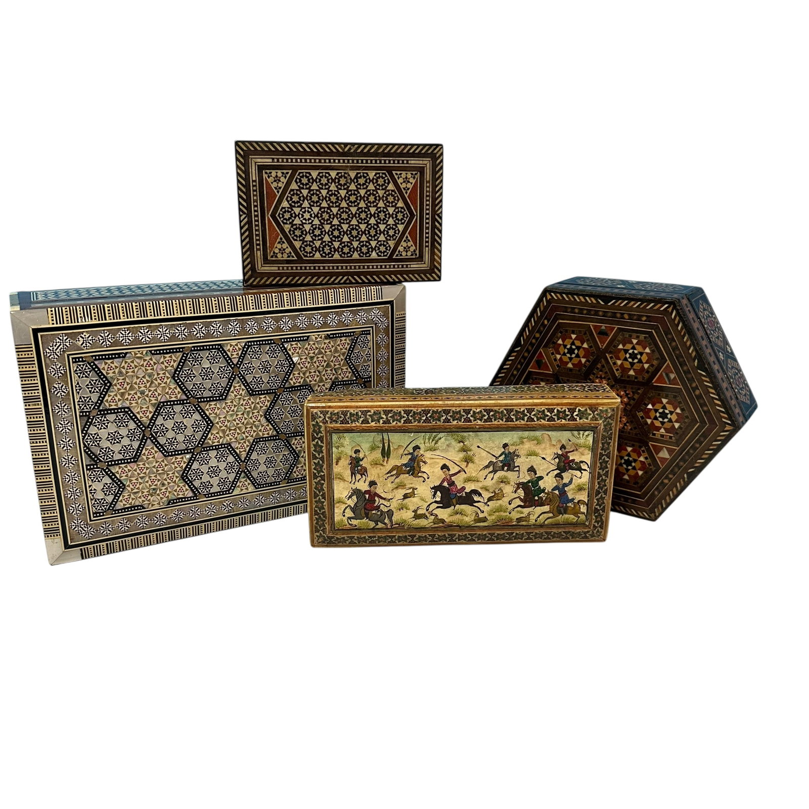 Inlaid Wood Decorative Box Lot: Inlaid Wood Decorative Box Lot. The largest box measures 10” x 7” x 3 1/4”. Each box has a variety of inlaid pieces including mother of pearl. They are very pretty display pieces.