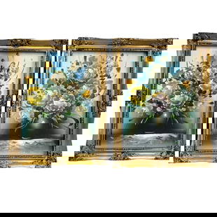 Pair of Still Life Paintings: Pair of Still Life Paintings in plastic Hollywood Regency style frames. These are a paintings of the same vase, slightly different for each and could be hung as complimentary pieces. Frames measure 19